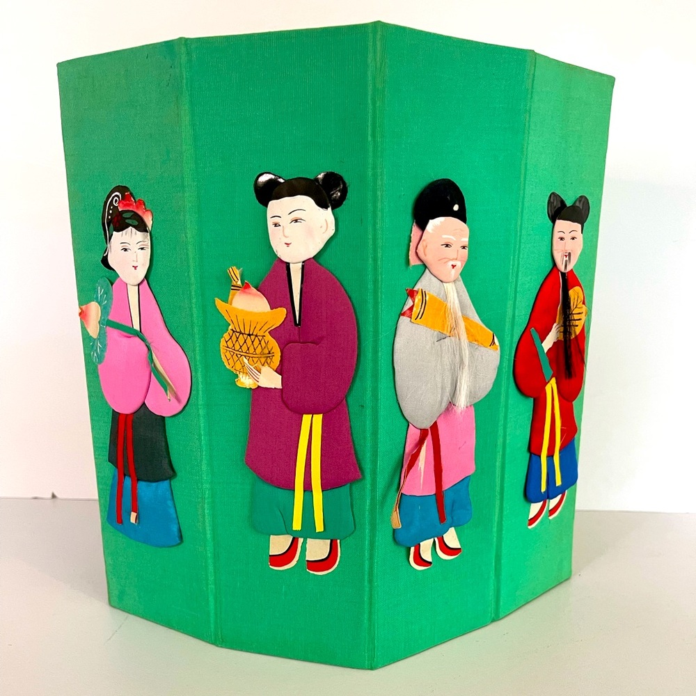 RARE VINTAGE CHINESE 8 IMMORTALS HANDCRAFTED GREEN SILK COVERED OCTAGON …
